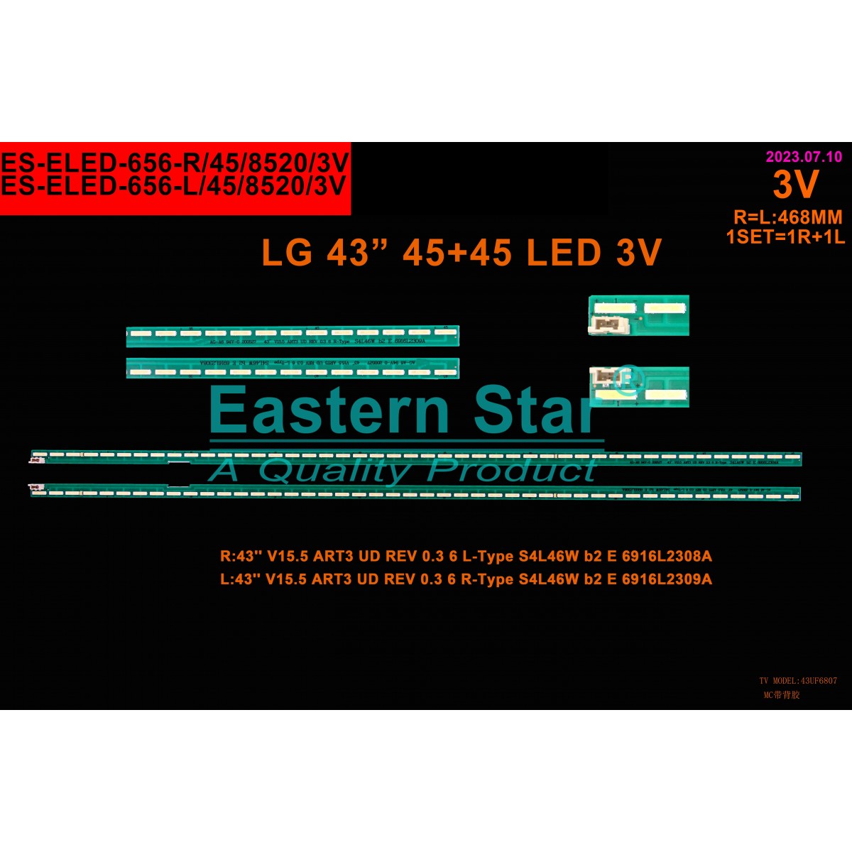 ES-ELED-656, LG, 43UF6807, 6922L-0146A, 43" V15.5 ART3 UD REV 0.3 6, 6916L-2308A, 6916L-2309A, LC430EGE-(FH)(31), LC430EGG (FH)(M1), TV LED BAR