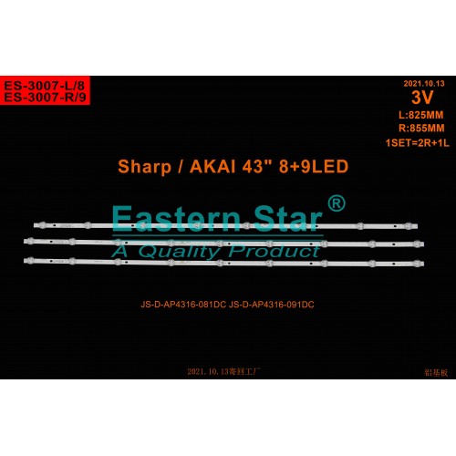 ES-3007 BG 3V T 22V, JS-D-AP4316-081DC - 9 Ledli, JS-D-AP4316-081DC/JS-D-AP4316-091DC Suitable For Senko LY430-DH01W 43A16B LMDS430D16C-07, TV LED BAR