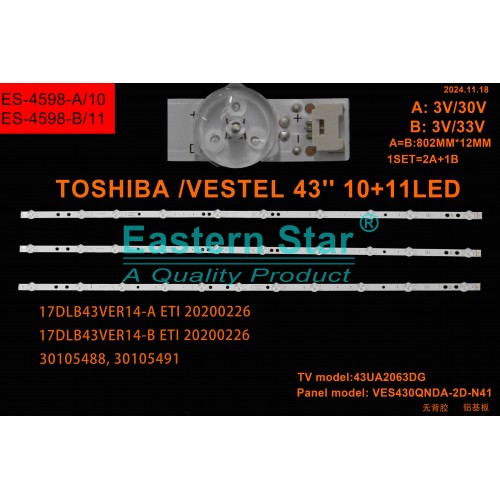 ES-4598, 17DLB43VER14-B, 17DLB43VER14-A, TV LED BAR, VES430QNDB-2D-N41, 20200226, 30105488, 30105491, TV LED BAR