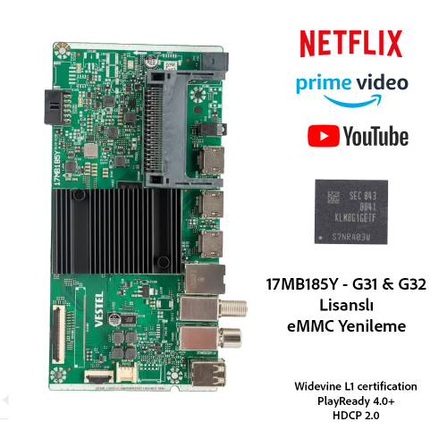 Vestel 17MB185Y Android Anakart Onarımı – Lisanslı eMMC Değişimi (Netflix & Widevine L1 Garantili)