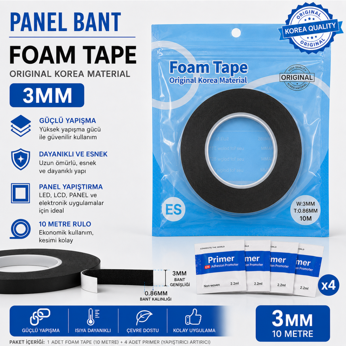 ES - 3MM Çerçevesiz Televizyonlar İçin Panel Yapıştırıcı Bant - 10 Metre Profesyonel Frameless Bant