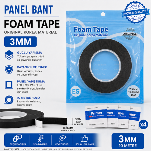 ES - 3MM Çerçevesiz Televizyonlar İçin Panel Yapıştırıcı Bant - 10 Metre Profesyonel Frameless Bant