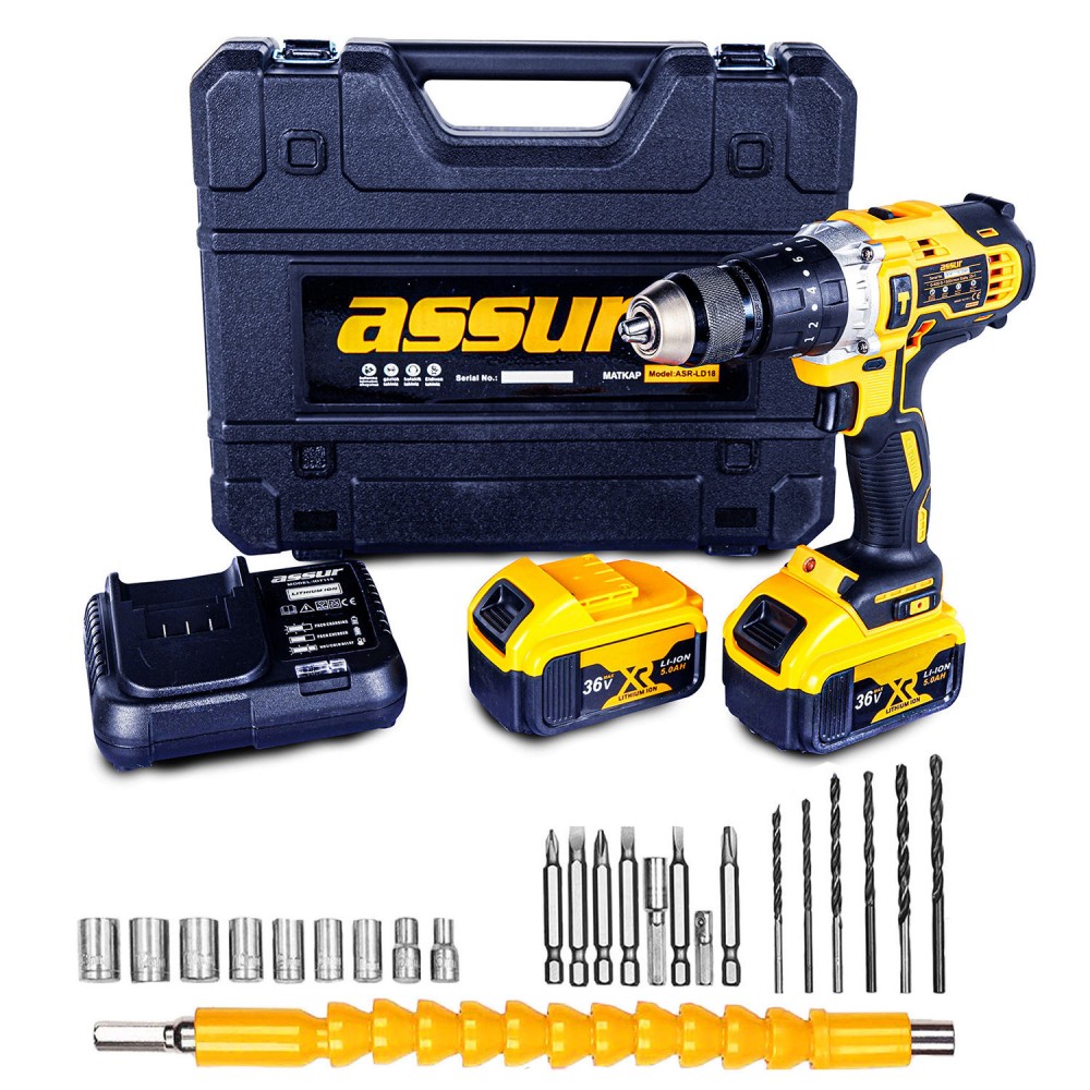 Assur, ASR-LD18, Plus Matkap 58VF 5AH Li Sjs Çift Metal Şanzuman Çift Akülü Şarjlı Matkap 24 Parça Set Hediyeli
