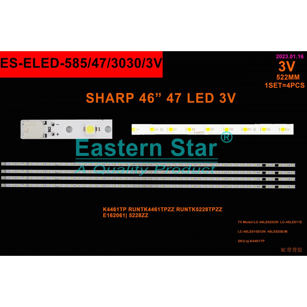 ES-ELED-585, SHARP, LC-46LE810, LC-46LE820UN, LC-46LE811E/LC, LC-46LE810E/UN, 46LE820E/M  K4461TP, RUNTK4461TPZZ, RUNTK5228TPZZ, E162061, 5228ZZ, TV LED BAR